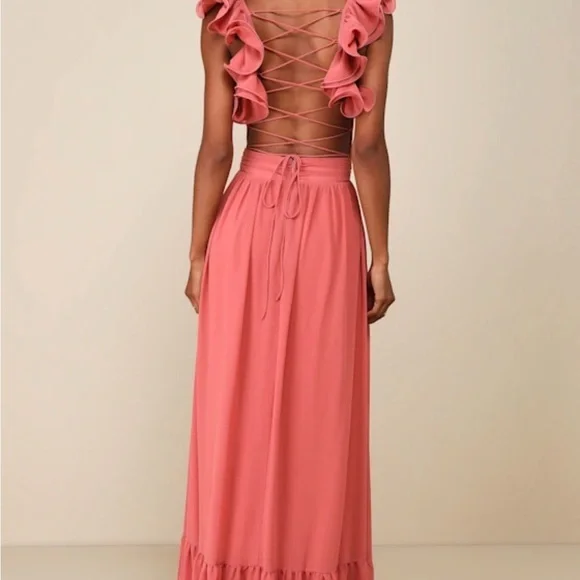 Lulu's Coral Ruffle Maxi Dress - Picture 2 of 7